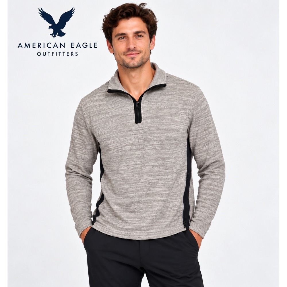 American Eagle AE Active Mens Large Gray Quarter Zip Pullover Athletic Sweater